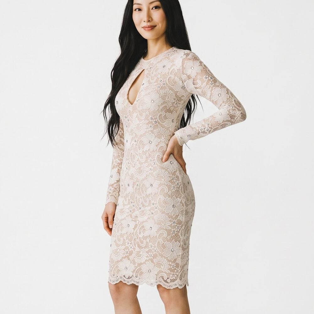 HOLT | S | Hand Painted Rhinestone Jeweled Lace Long Sleeve Bodycon Mini Dress